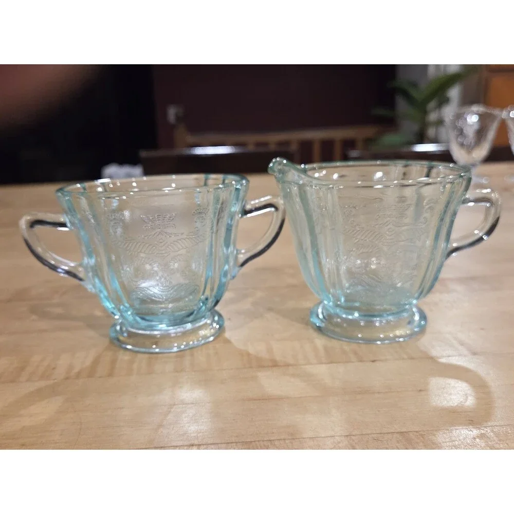 Vintage Indiana Glass Recollection Teal Madrid Creamer and Sugar Set